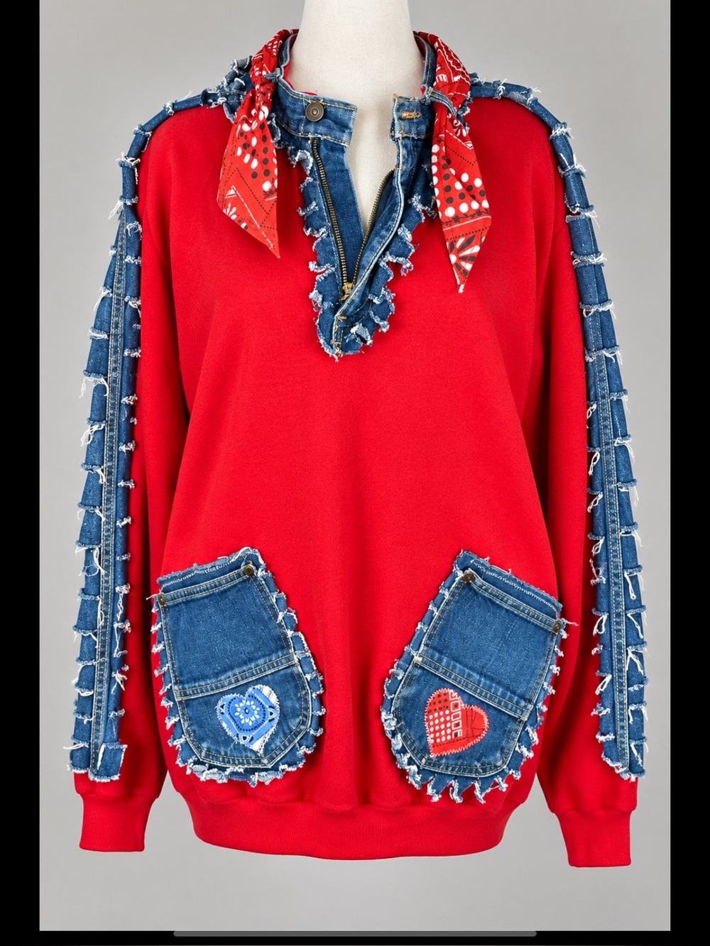 OOAK Wearable Art Upcycled Denim Americana Western Sweatshirt Tee Jays VintageXL